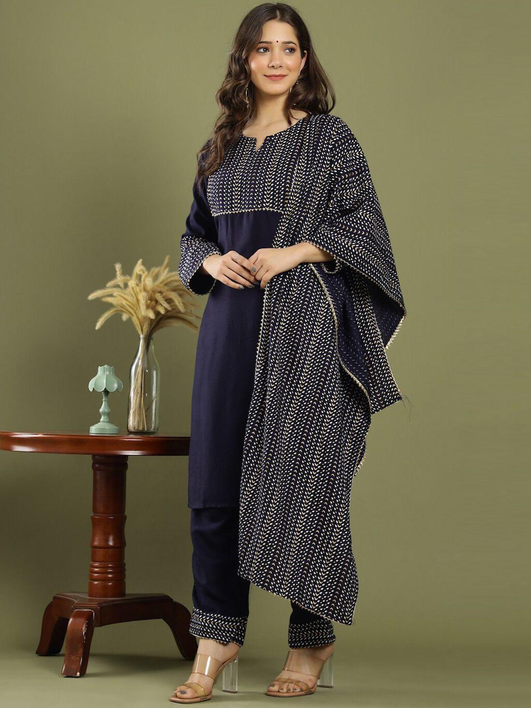 keep cart women navy blue printed kurta with salwar & with dupatta