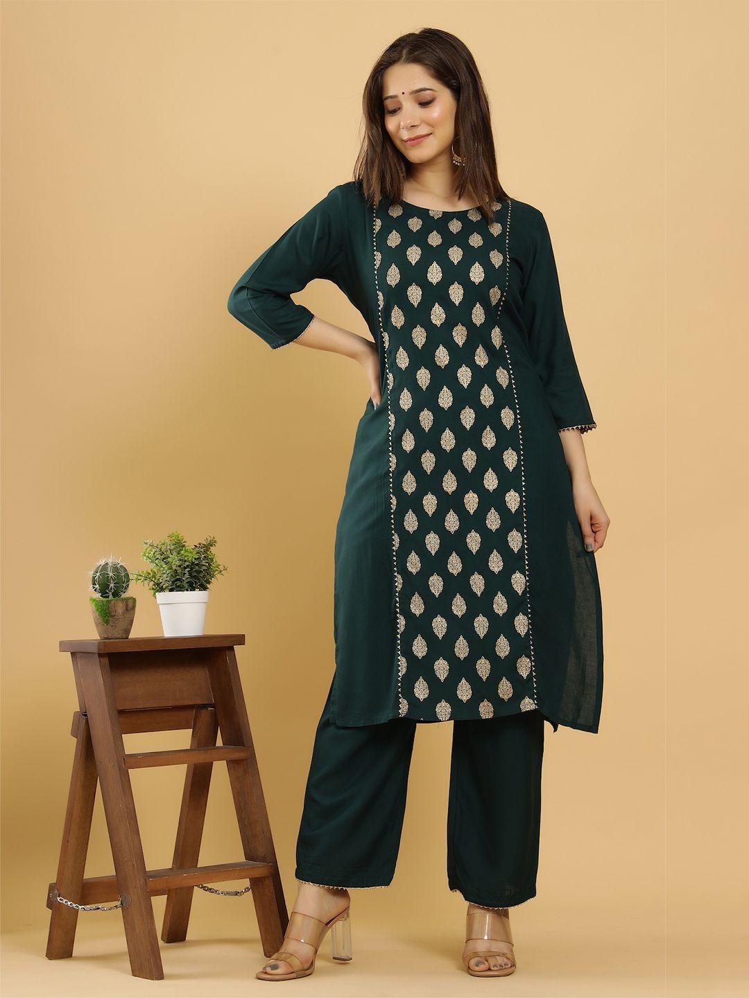 keep cart women olive green ethnic motifs printed kurta with trousers