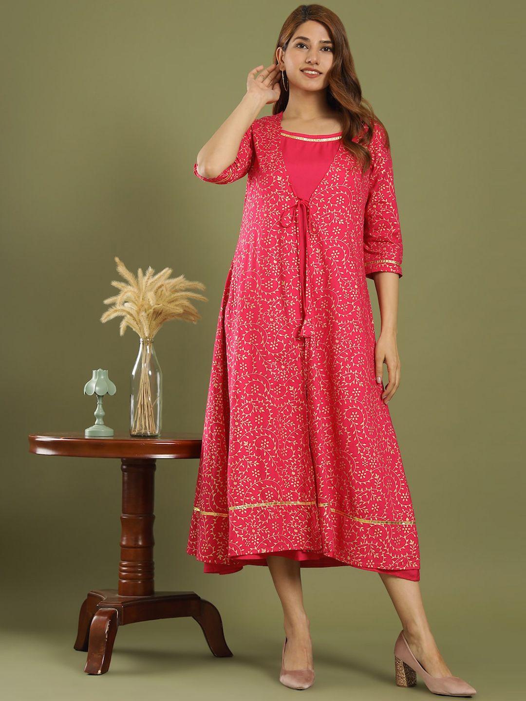 keep cart women pink floral empire kurta with churidar & with dupatta