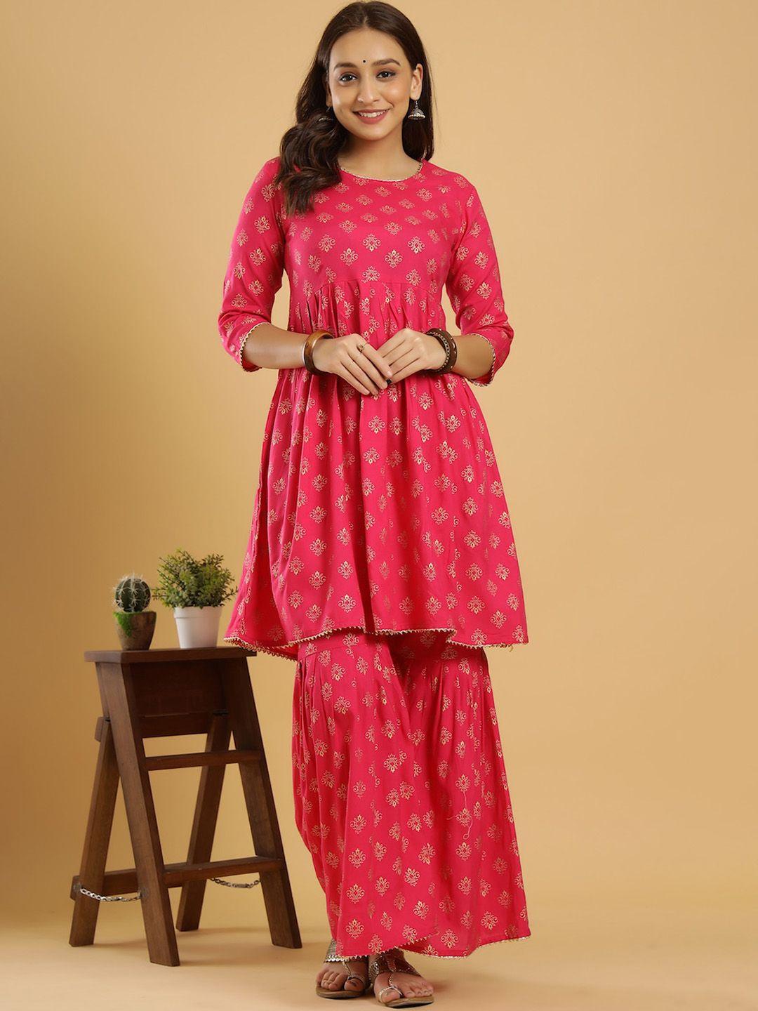 keep cart women pink printed pleated kurti with sharara