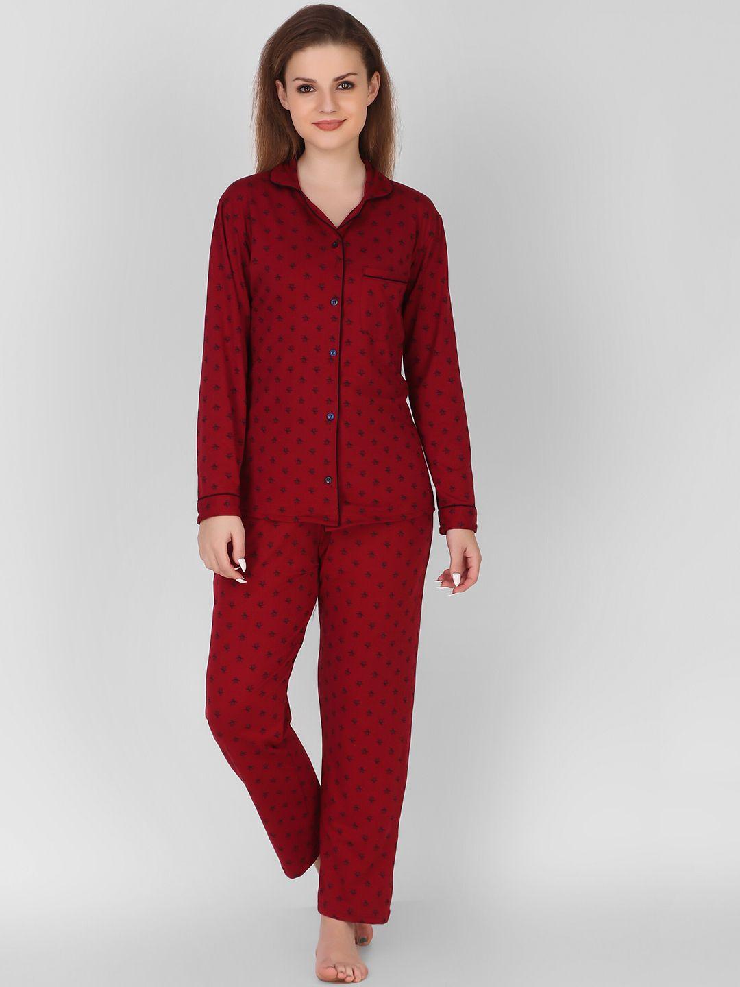 keepfit women maroon & black printed night suit