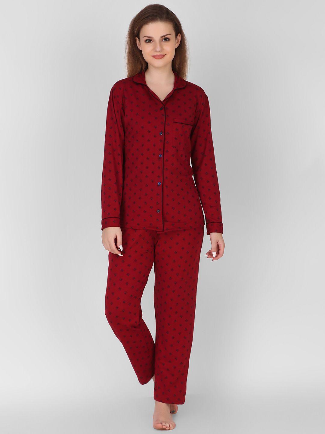 keepfit women maroon & black printed night suit