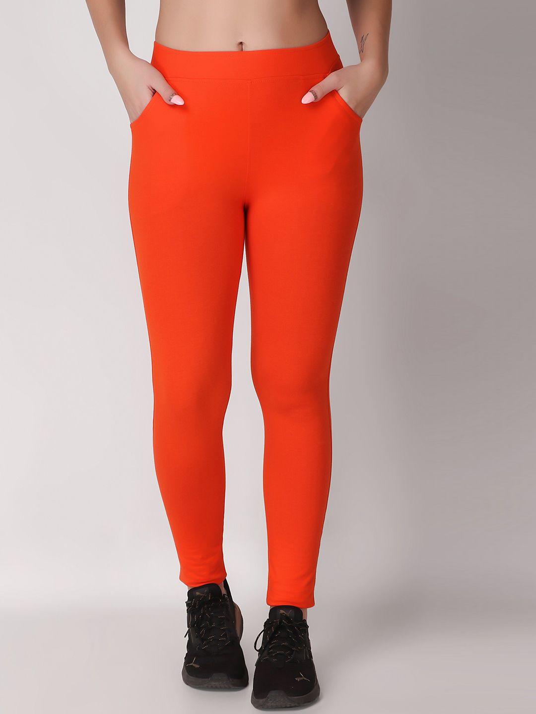 keepfit women orange slim fit ankle length tights