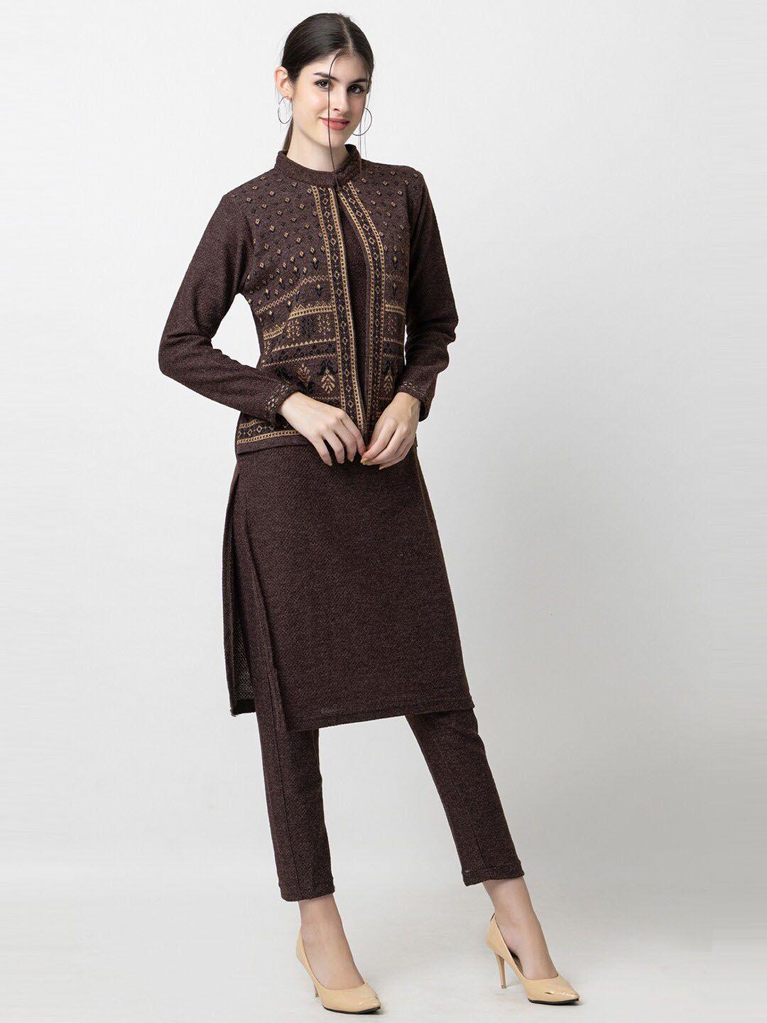 keiko floral acrylic regular kurta with trousers & nehru jacket