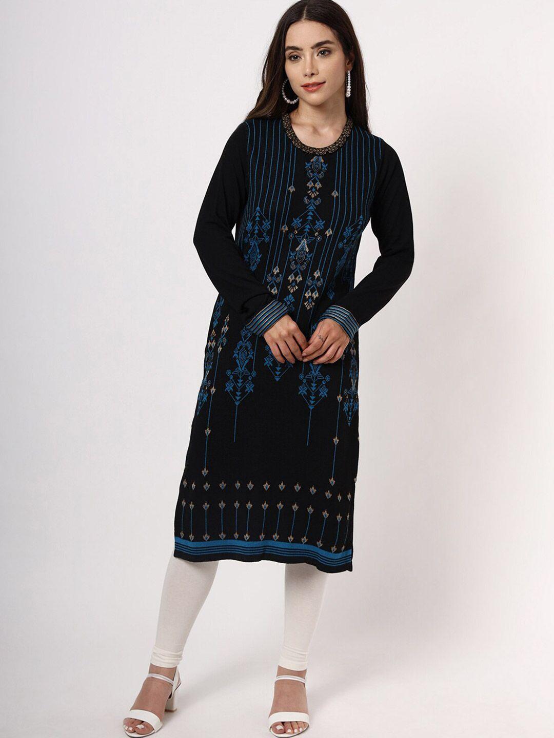 keiko women black & blue geometric printed kurta