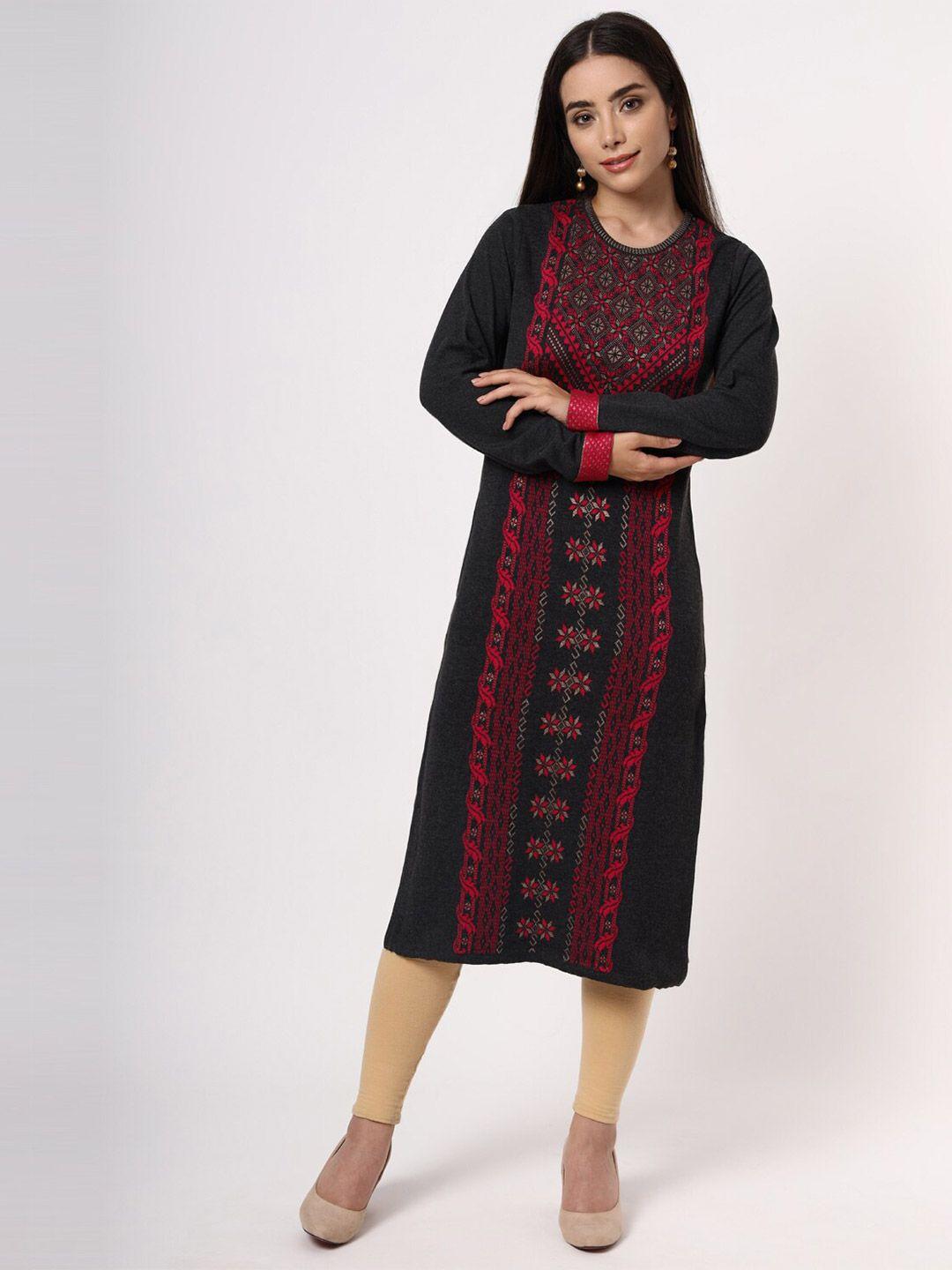 keiko women charcoal & red ethnic motifs printed sweater kurta