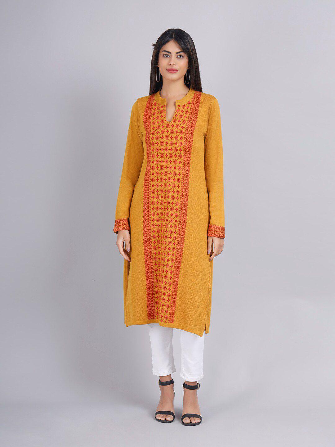 keiko women mustard yellow ethnic motifs printed mandarin collar acrylic kurta