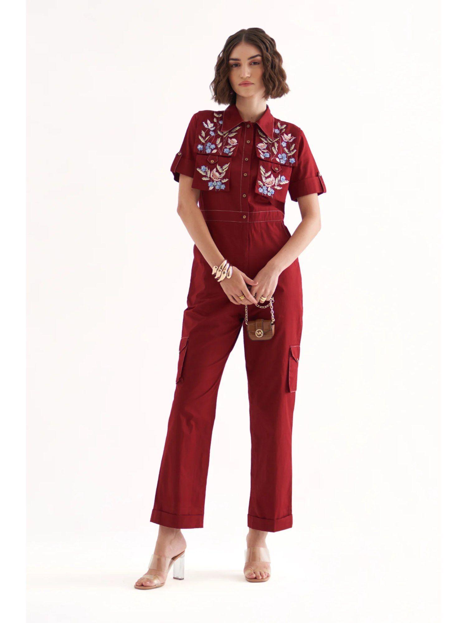 keisha maroon embroidered jumpsuit