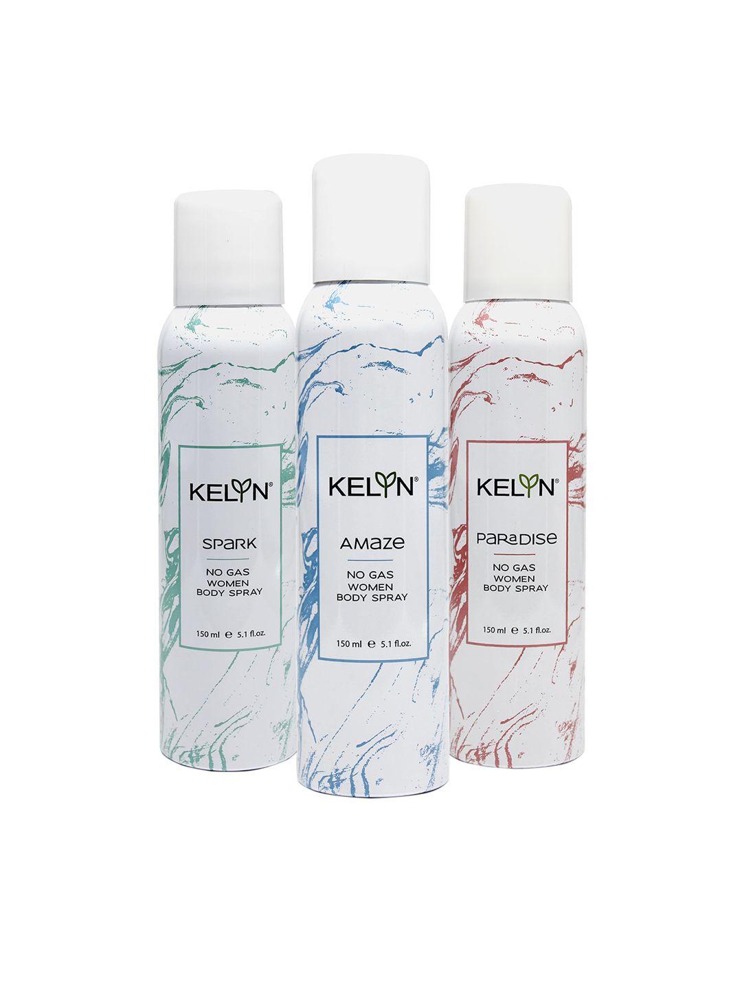 kelyn women set of 3 no gas long lasting deodorant - spark, amaze & paradise 150 ml each