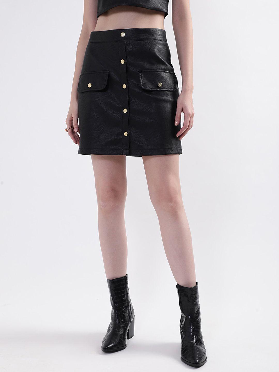 kendall & kylie women black solid straight above knee length skirt