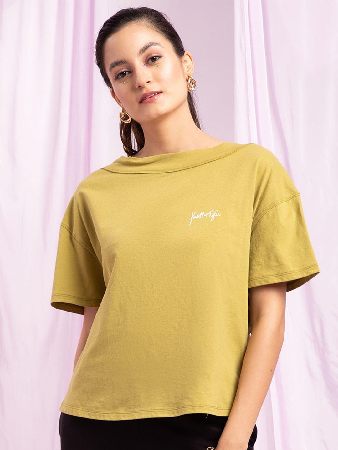 kendall & kylie women green drop-shoulder sleeves loose t-shirt