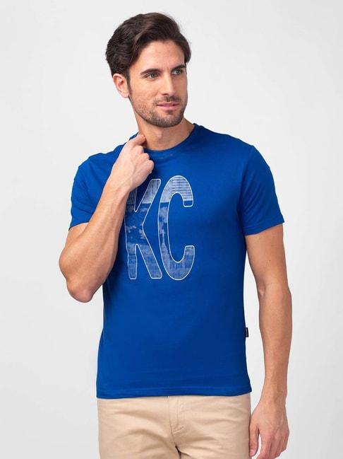 kenneth cole indigo blue slim fit printed crew t-shirt