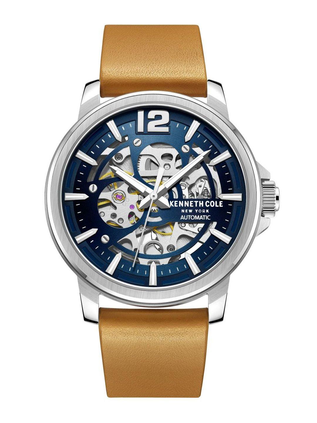 kenneth cole men blue skeleton dial & brown leather straps analogue watch kcwge2220502mn