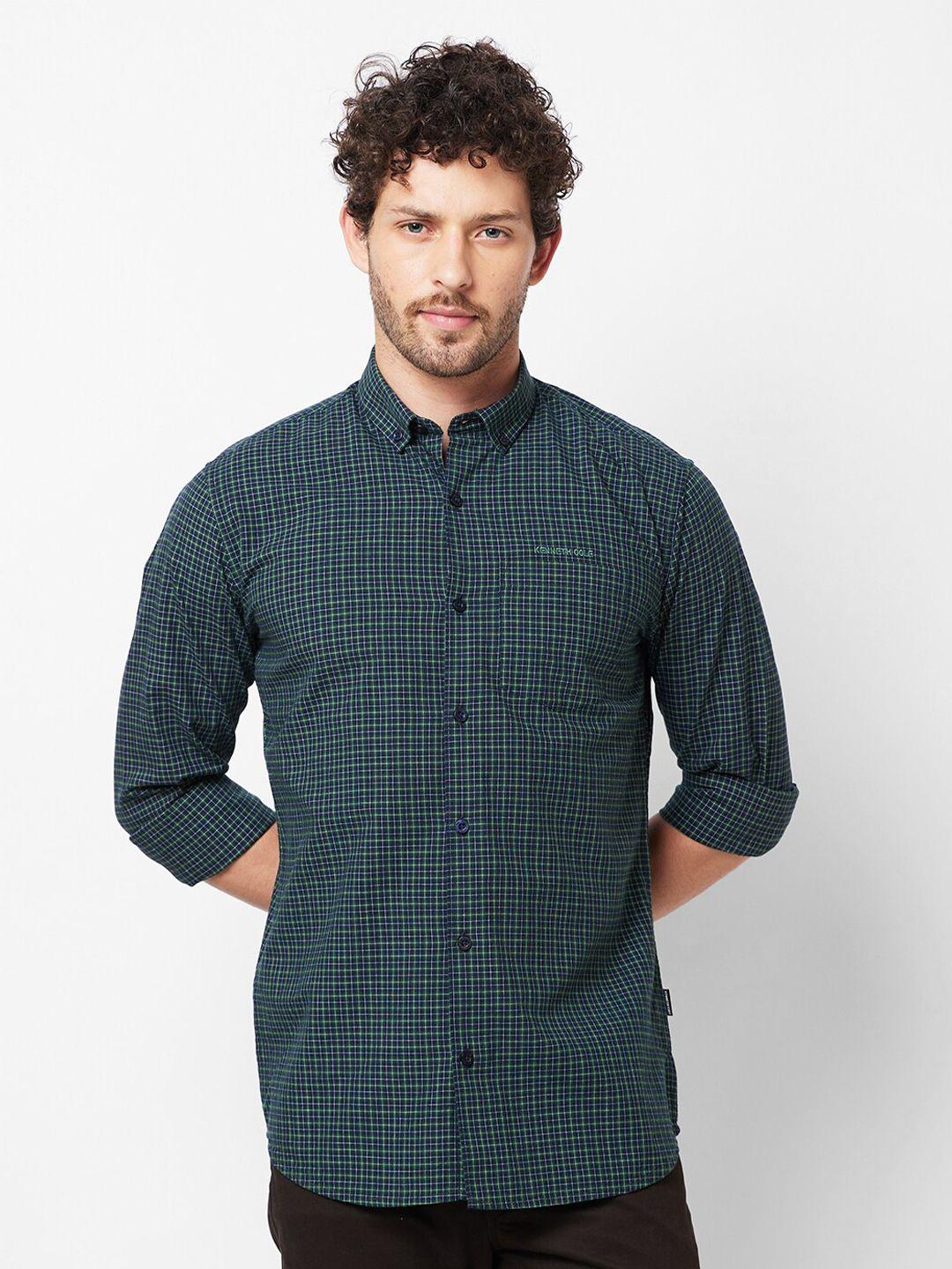kenneth cole men green slim fit gingham checks checked casual shirt