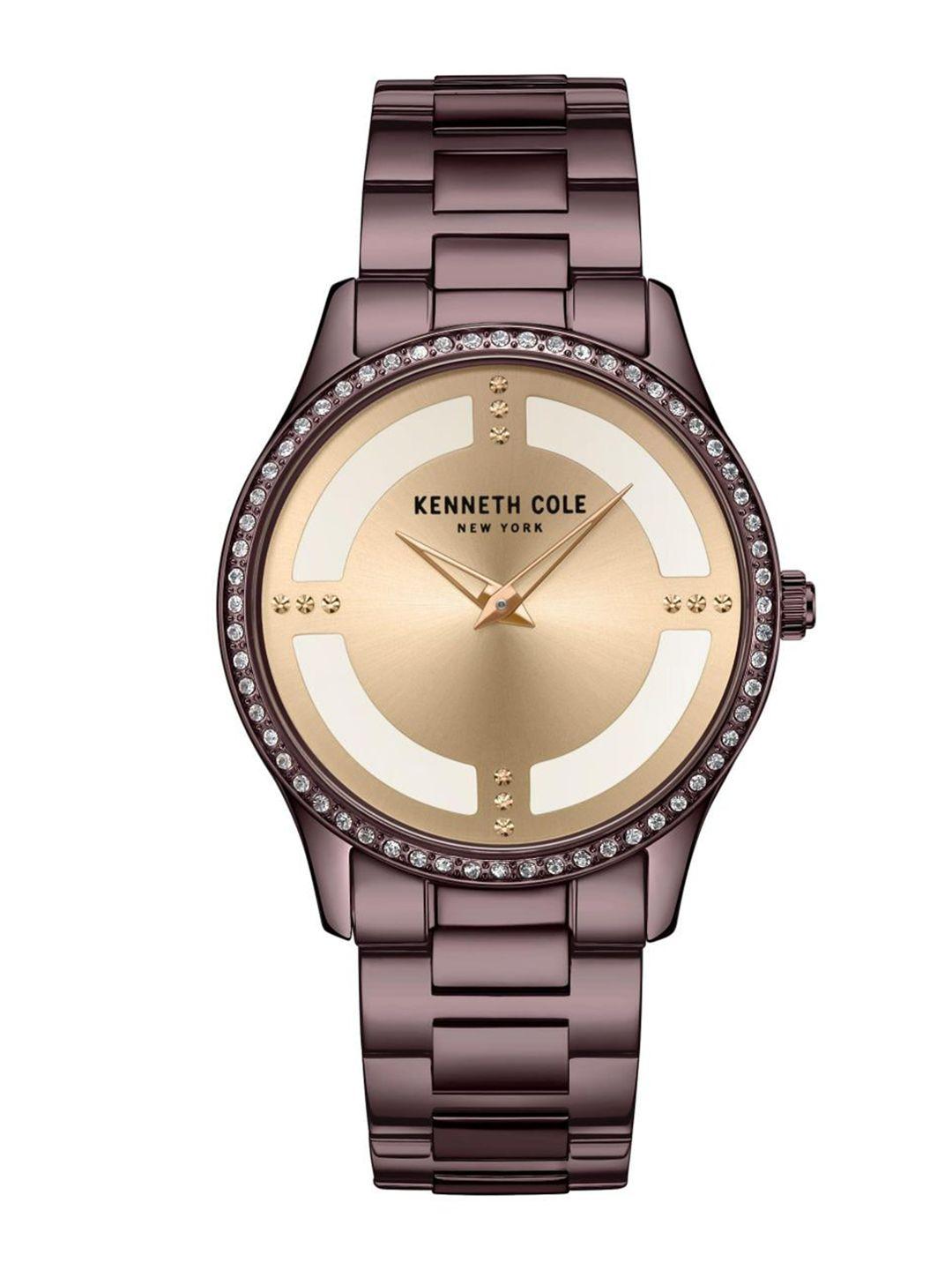 kenneth cole women gold-toned dial & brown stainless steel bracelet style straps analogue watch