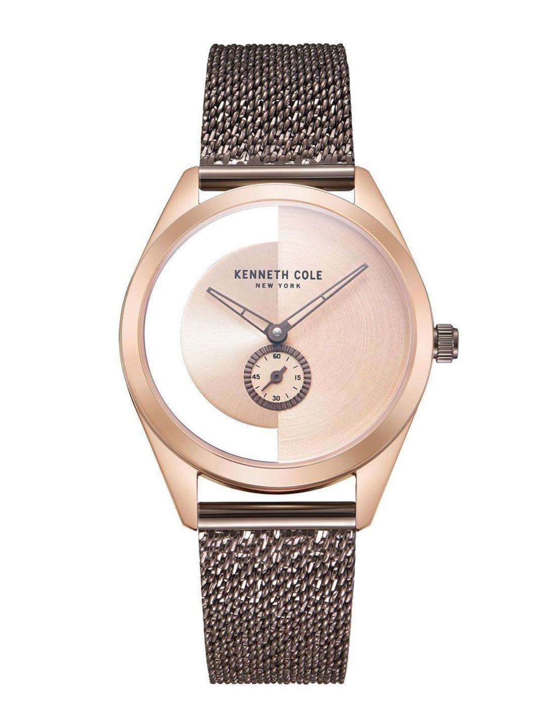 kenneth cole women rose gold-toned dial & brown stainless steel bracelet style straps analogue watch