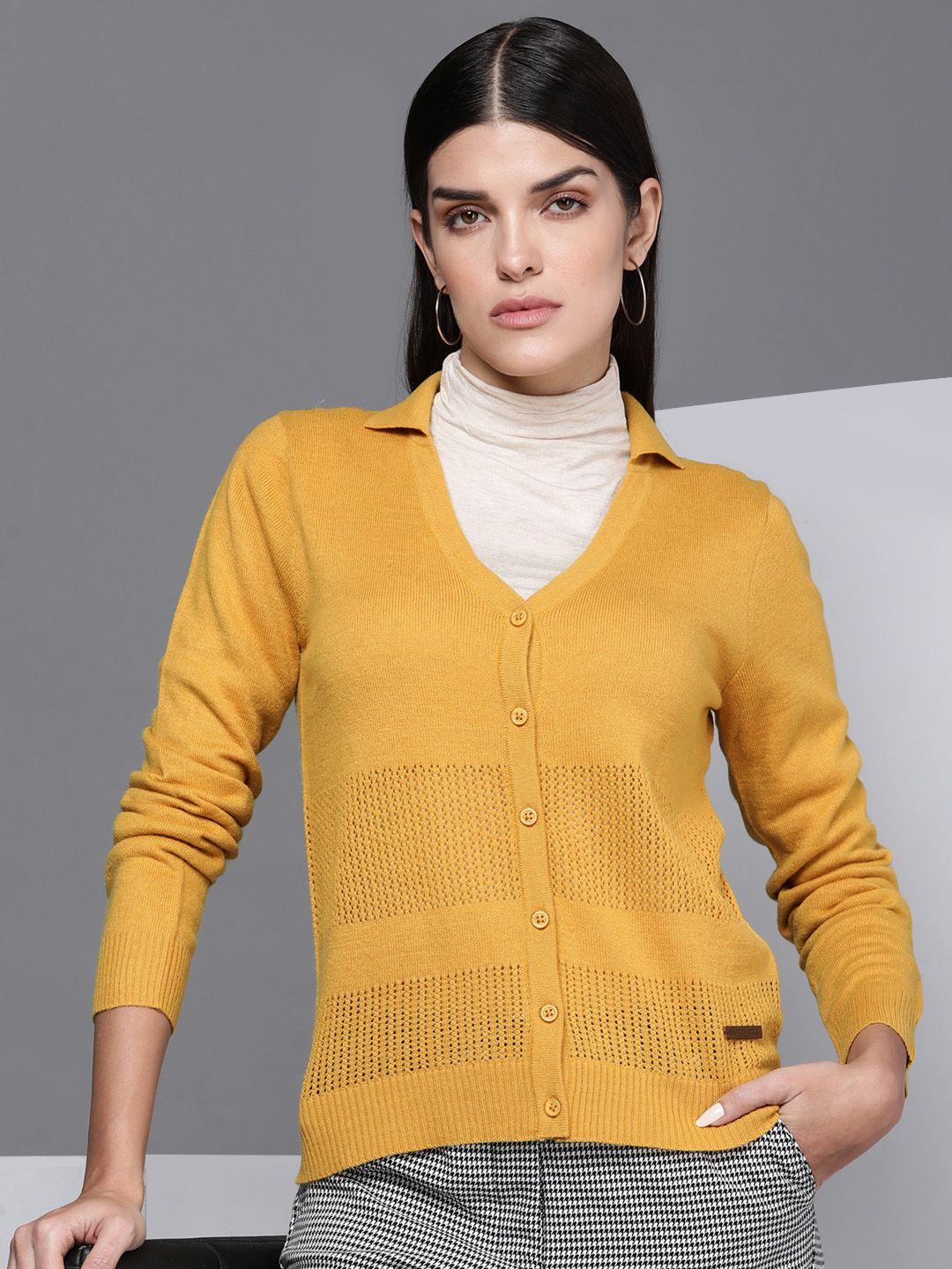 kenneth cole deft women mustard self design open knit cardigan sweater