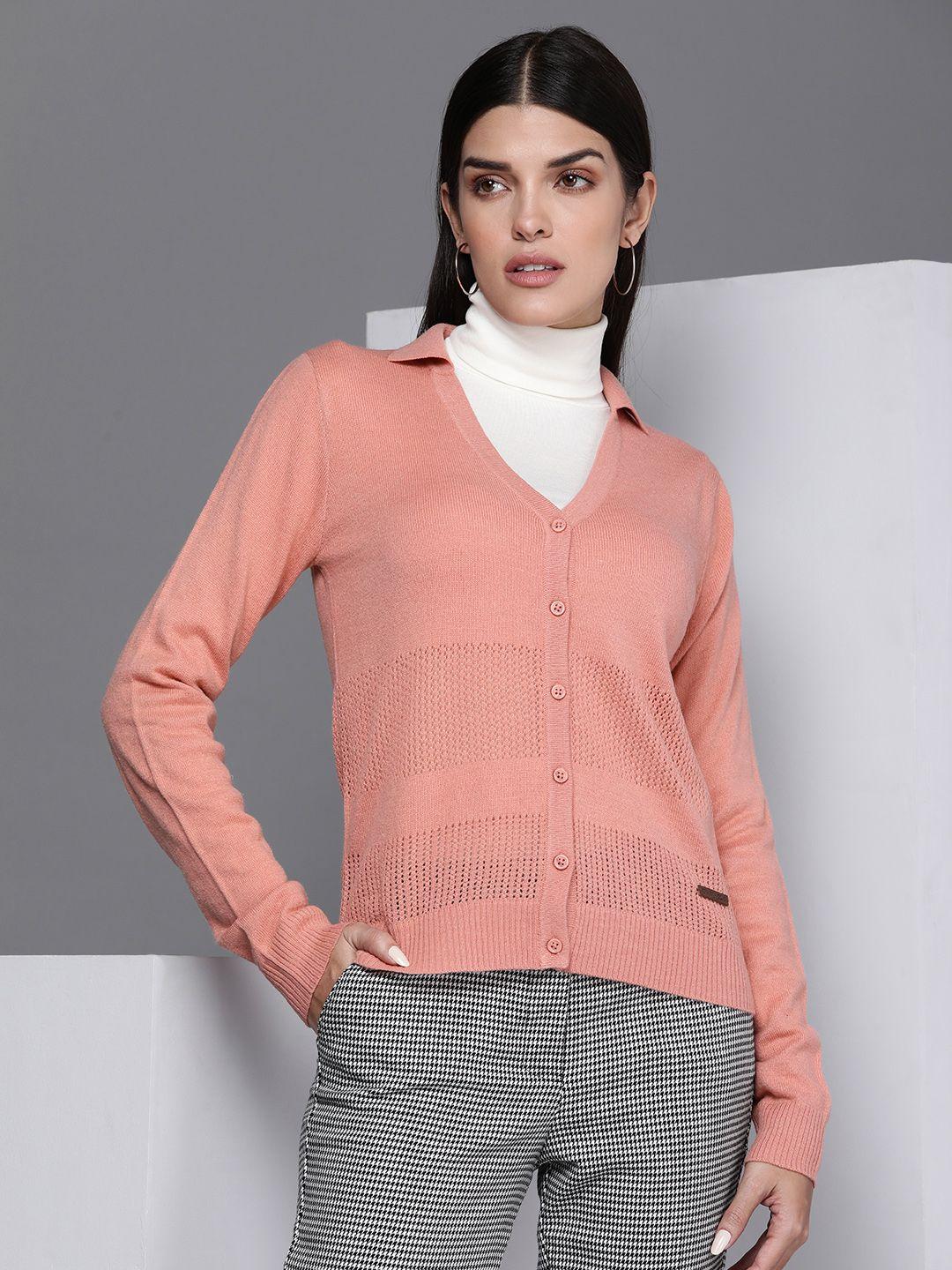 kenneth cole deft women peach-coloured open-knit cardigan sweater