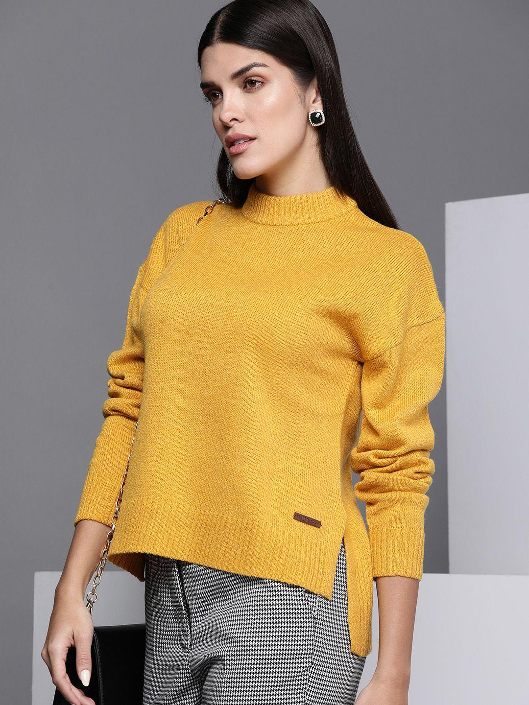 kenneth cole flair women mustard self design open knit pullover sweater