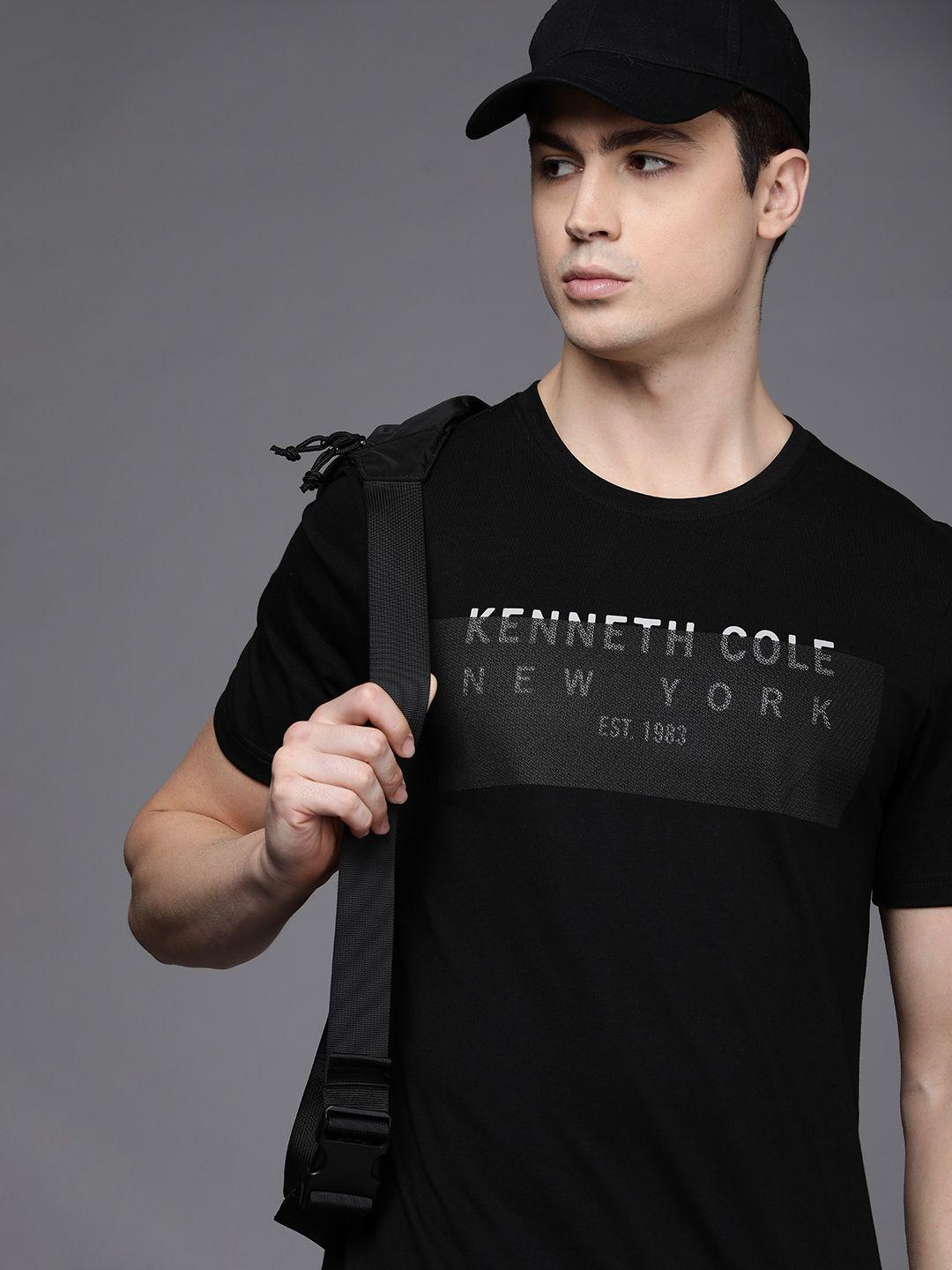kenneth cole men black self design brand logo pure cotton t-shirt