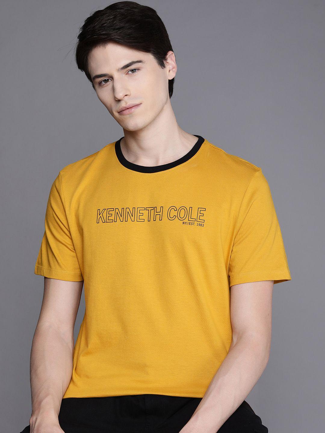 kenneth cole men mustard yellow brand logo printed pure cotton t-shirt
