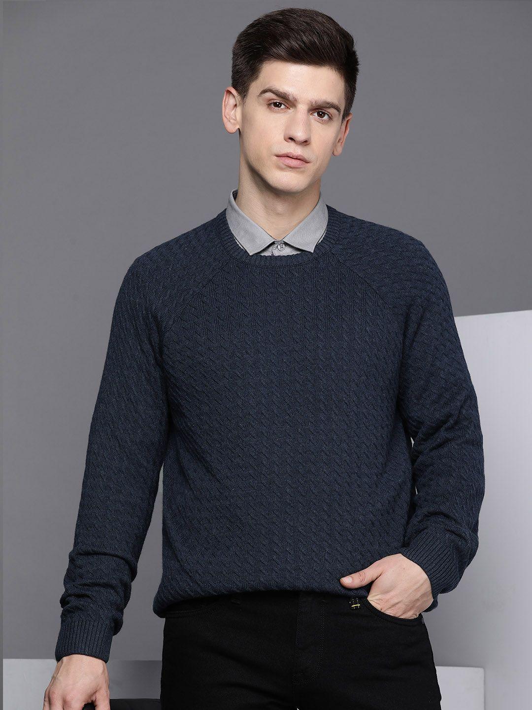 kenneth cole men navy blue self design cable knit pullover sweater