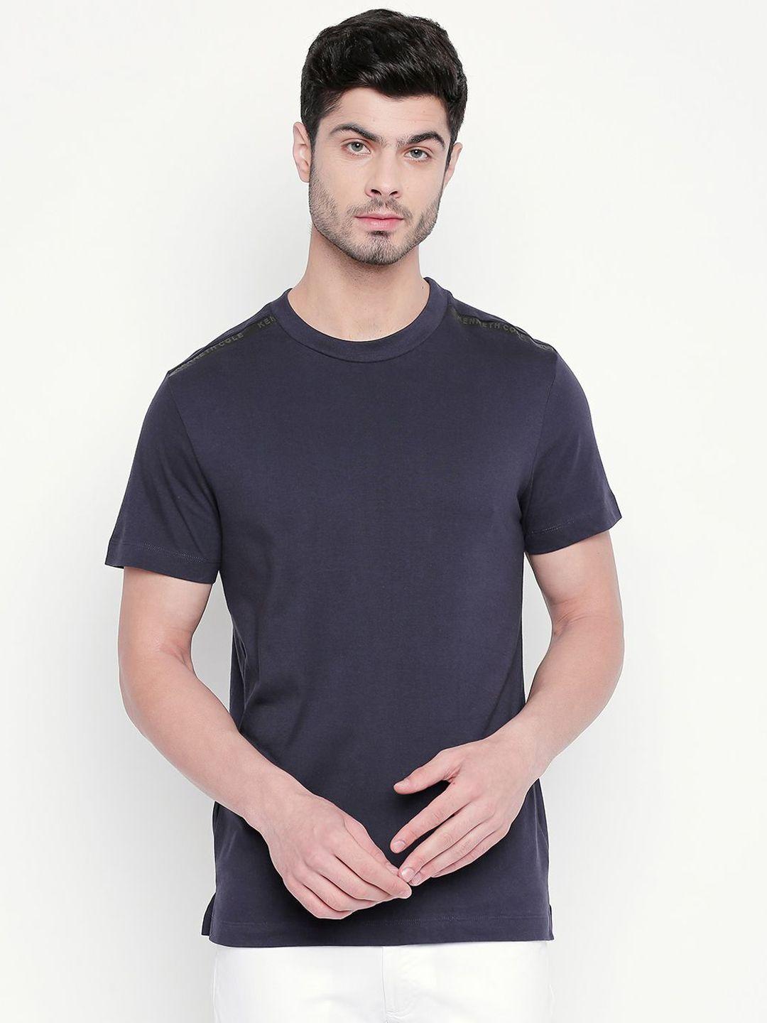 kenneth cole men navy blue solid round neck pure cotton t-shirt