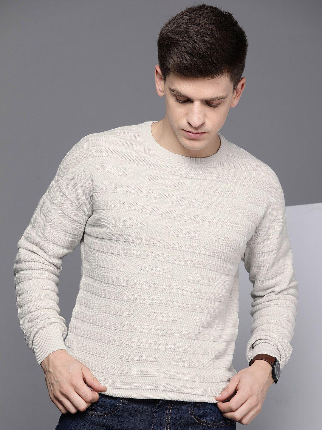 kenneth cole men off white self design open-knit pure cotton pullover sweater
