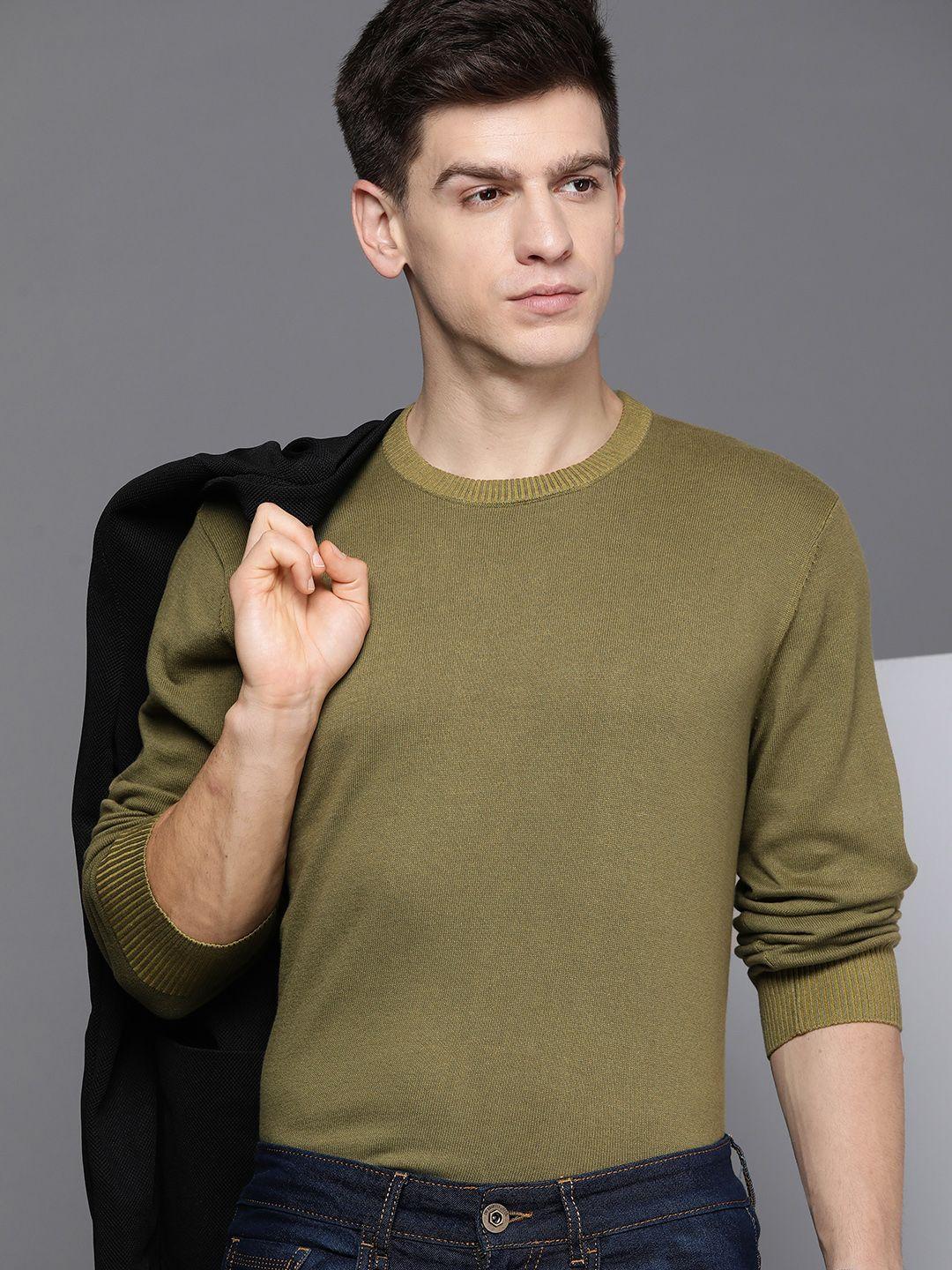 kenneth cole men olive green solid pure cotton pullover sweater