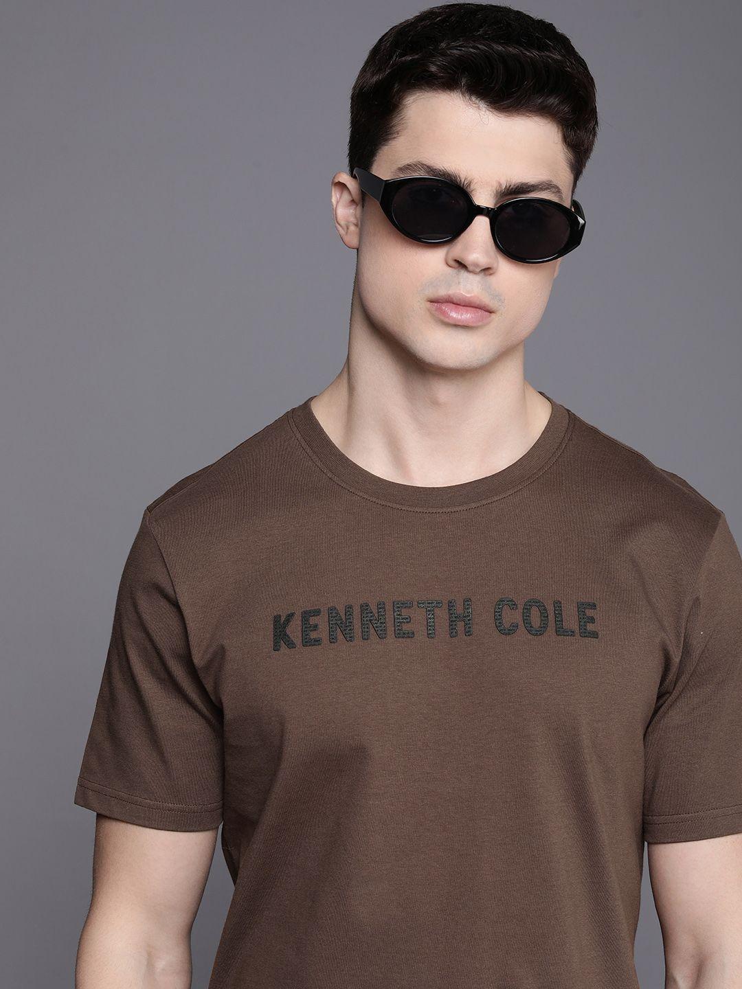kenneth cole signature men brown brand logo printed pure cotton t-shirt