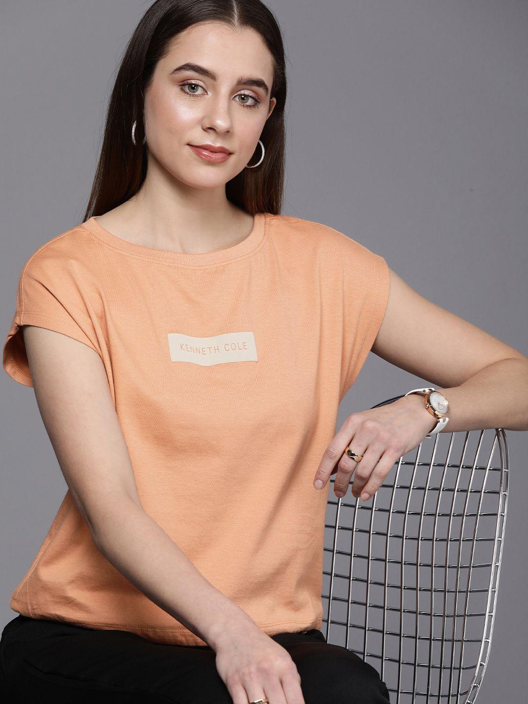 kenneth cole signature tee women peach brand logo extended sleeves pure cotton t-shirt