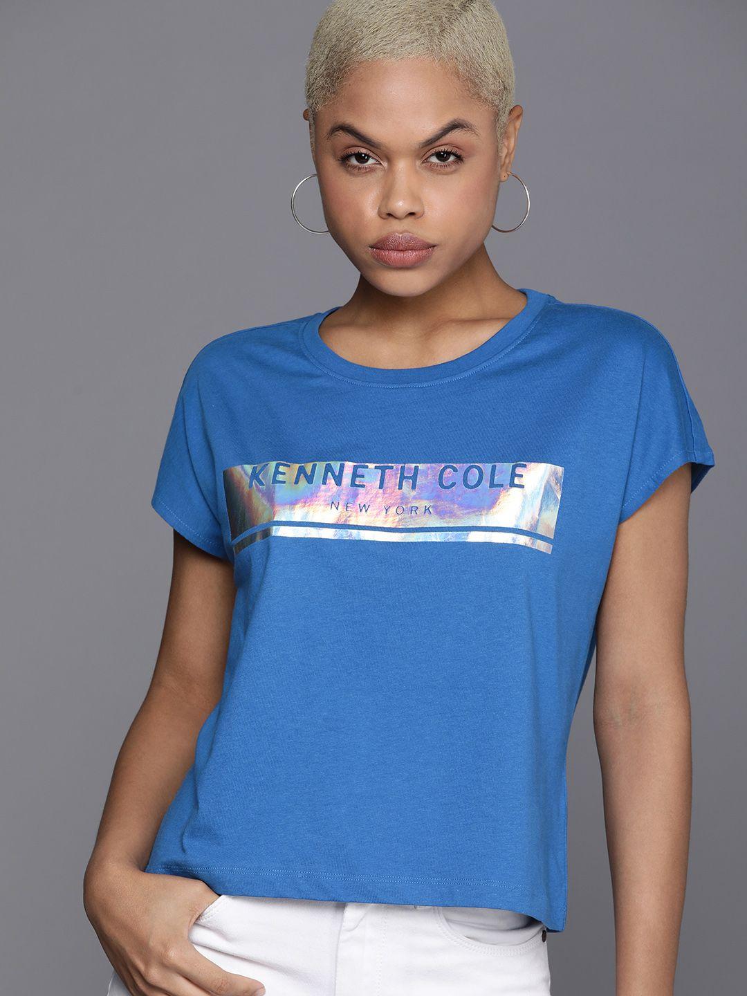 kenneth cole signature women blue printed extended sleeves pure cotton t-shirt