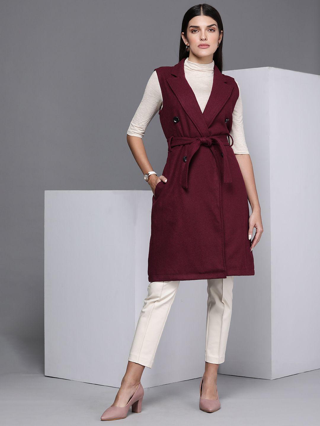 kenneth cole stride women maroon solid sleeveless wrap coat with a belt