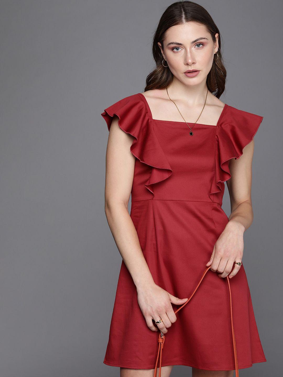 kenneth cole vivacious women rust red satin finish flutter sleeve ruffled a-line dress