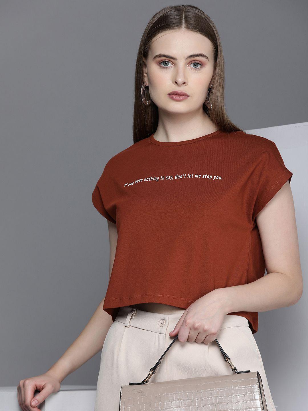 kenneth cole voice tee women rust red pure cotton printed extended sleeves boxy t-shirt