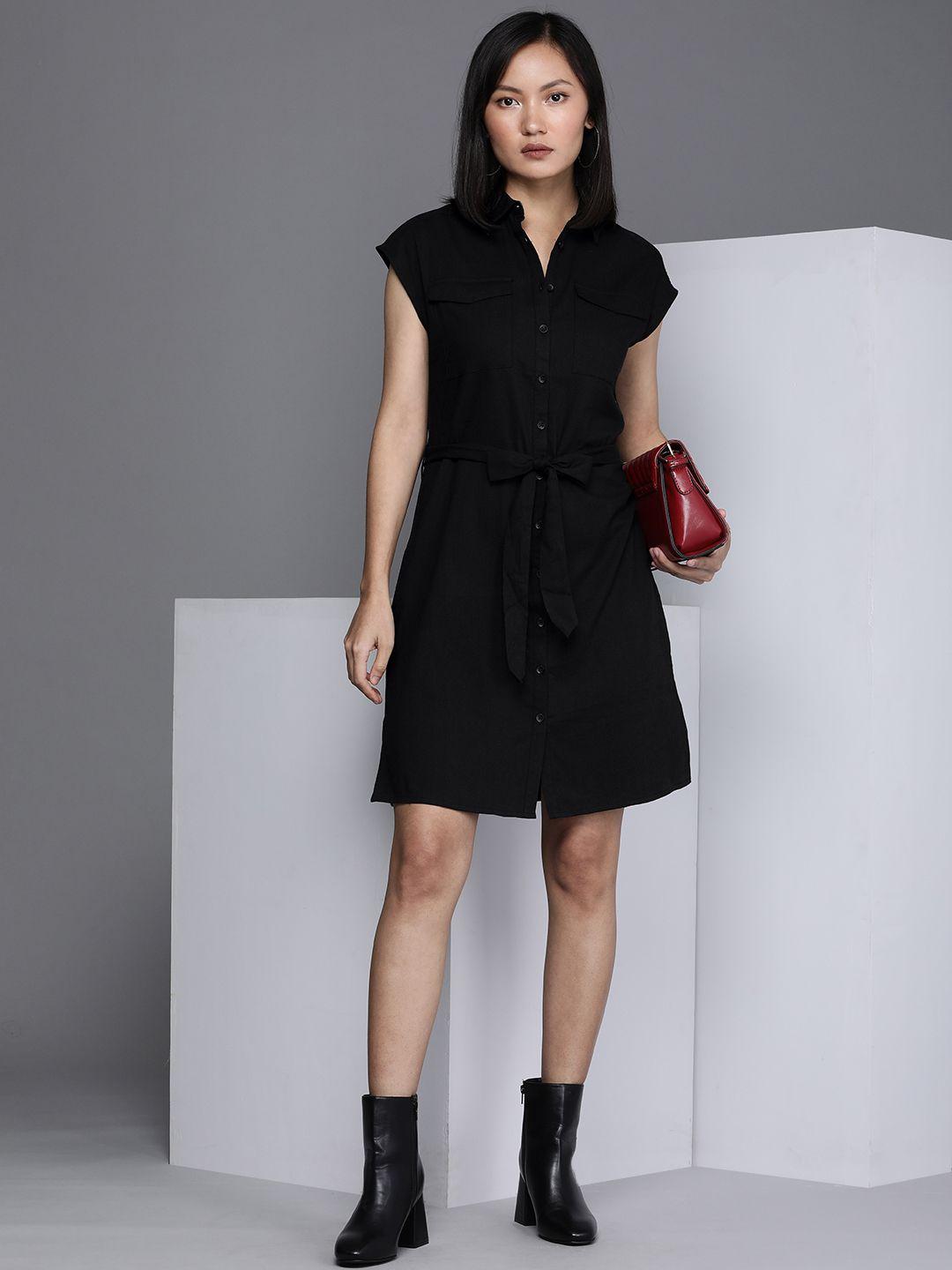 kenneth cole women black solid shirt dress with a belt