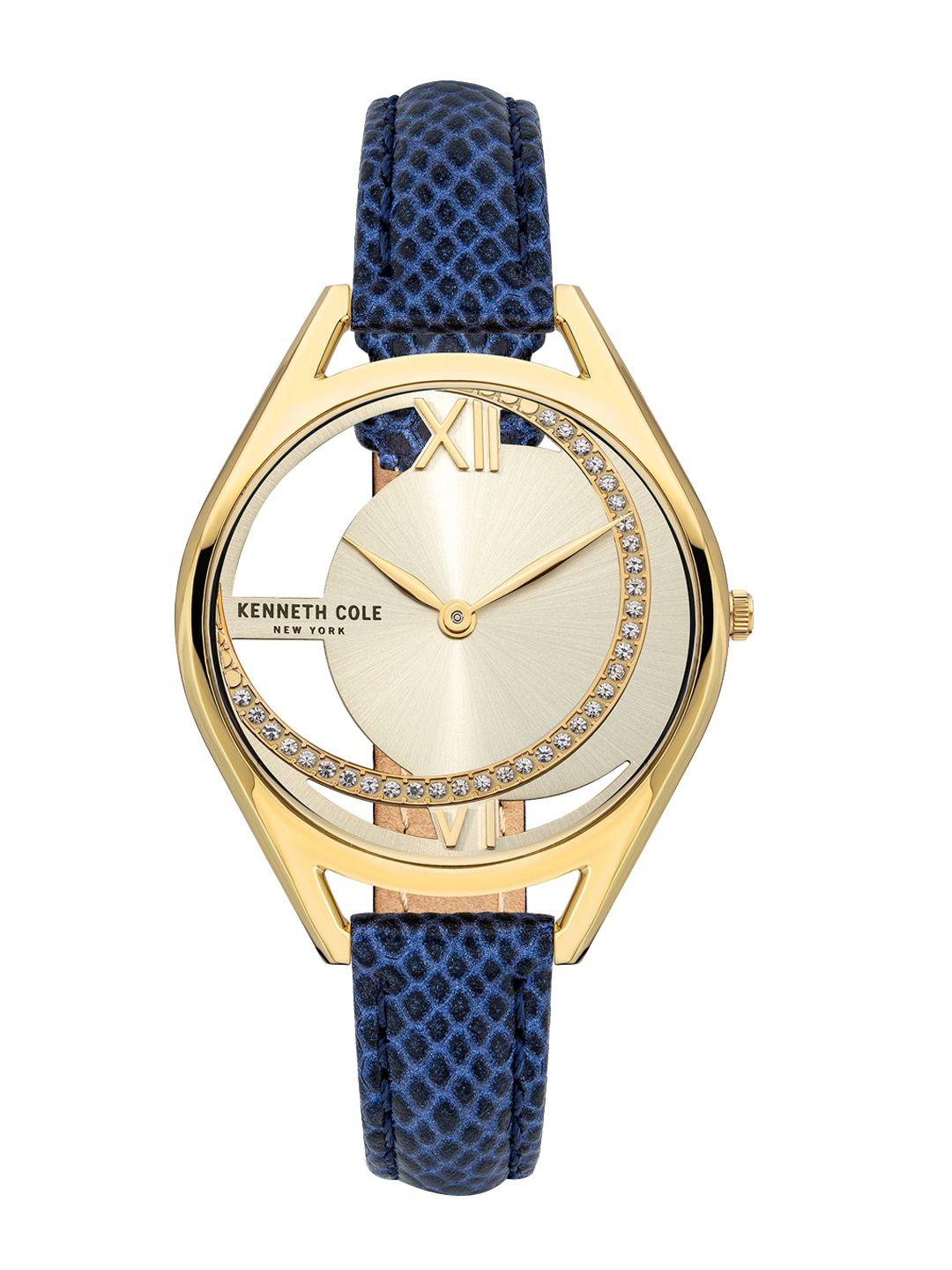 kenneth cole women gold-toned dial & blue leather straps analogue watch kcwla2124201ld