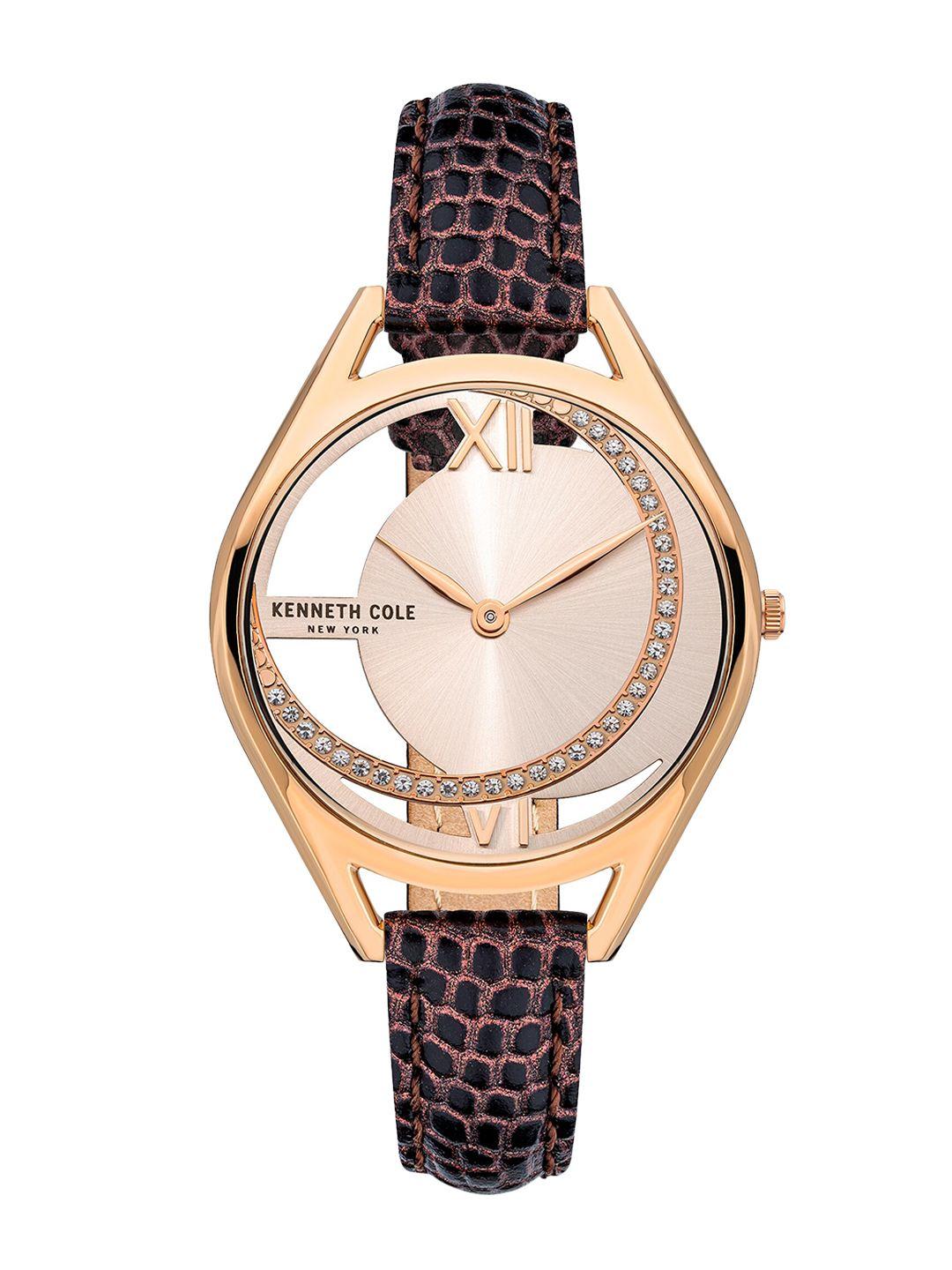 kenneth cole women rose gold-toned dial & multicoloured leather bracelet style straps analogue watch