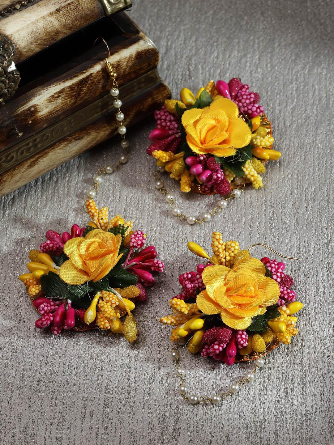 kennice gold-plated gota patti flower haldi mehandi maang tikka with earrings