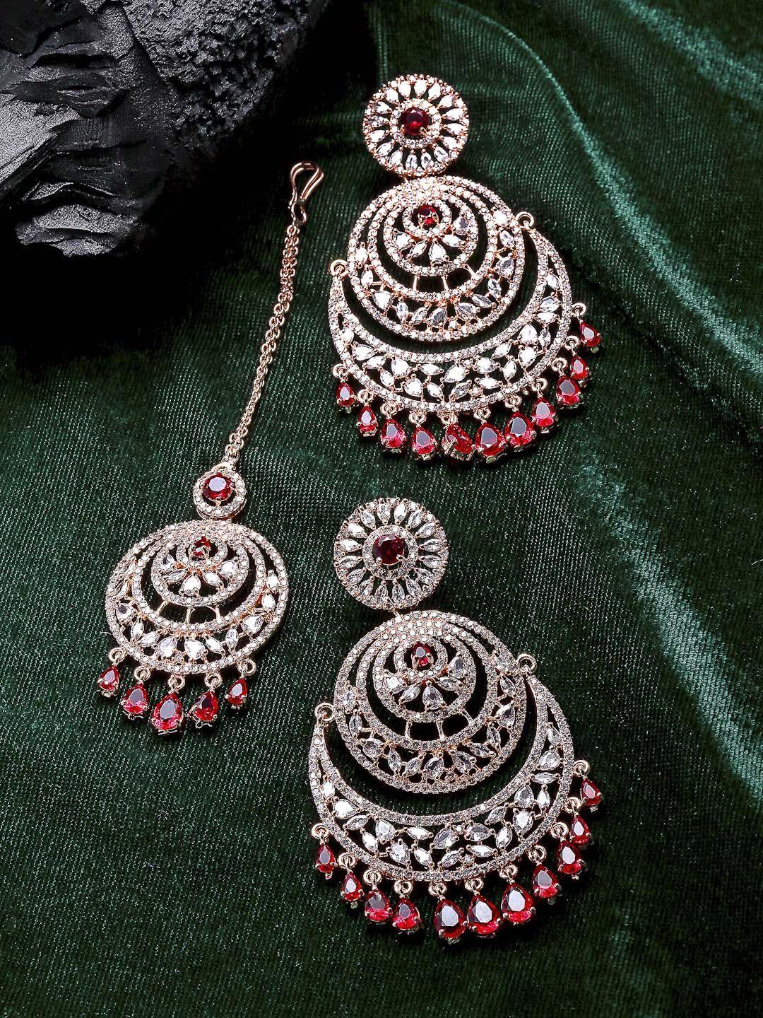 kennice rose gold-plated ad-studded maang tikka & earrings jewellery set