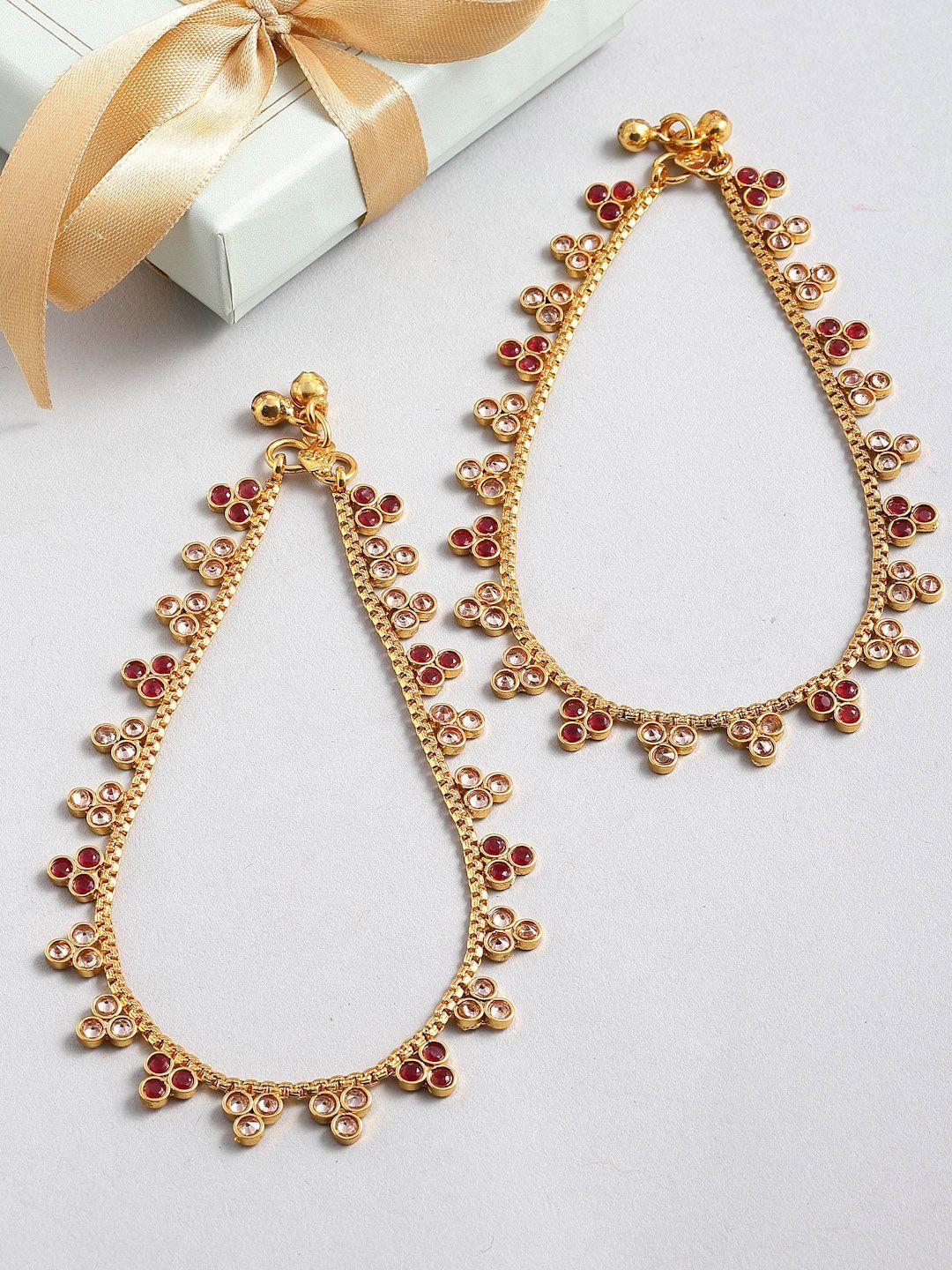 kennice set of 2 gold-plated stone-studded & beaded anklets