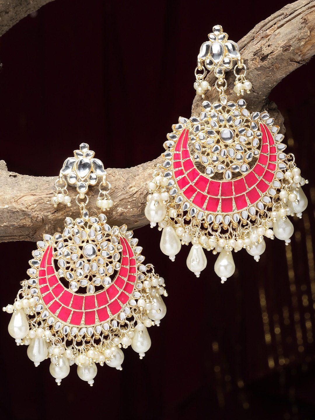 kennice gold-plated kundan studded crescent shaped chandbalis earrings
