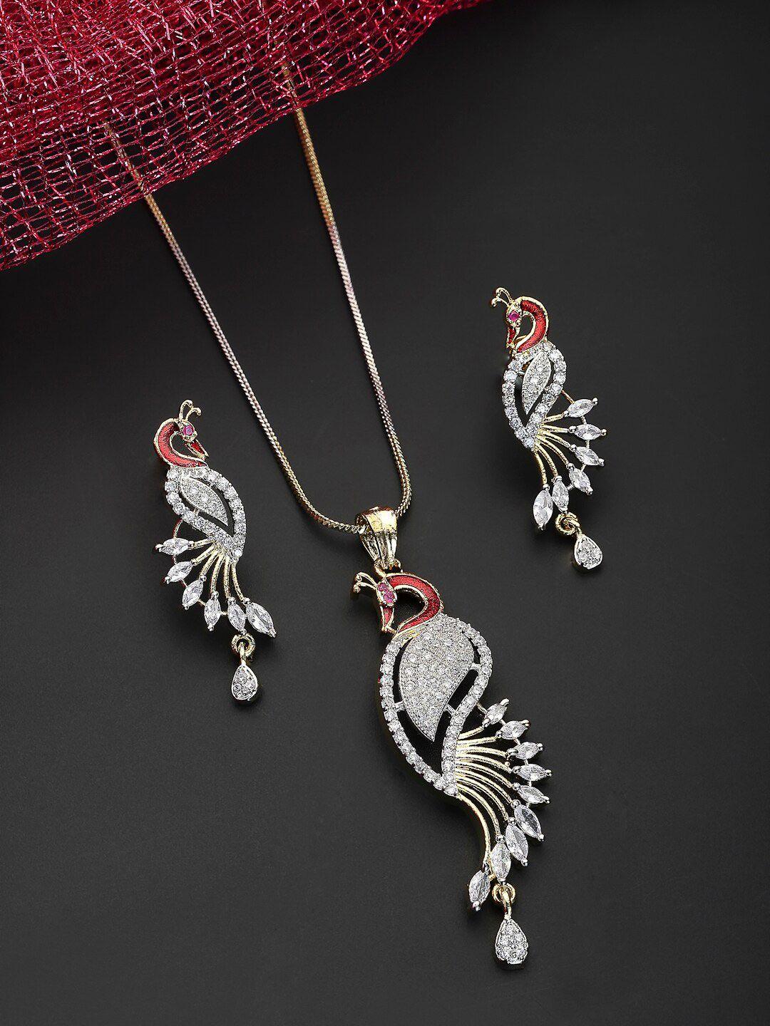 kennice women gold-plated cz-studded peacock shaped pendant chain & earrings