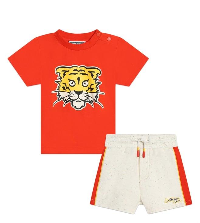 kenzo kids kids bright red & beige printed regular fit t-shirt & shorts