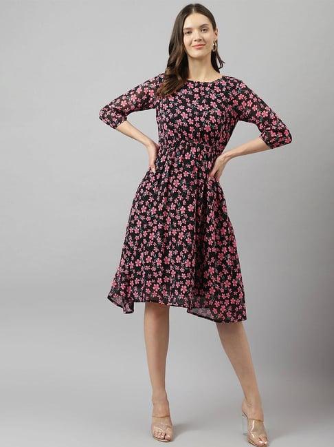 keri perry black & pink floral print fit & flare dress