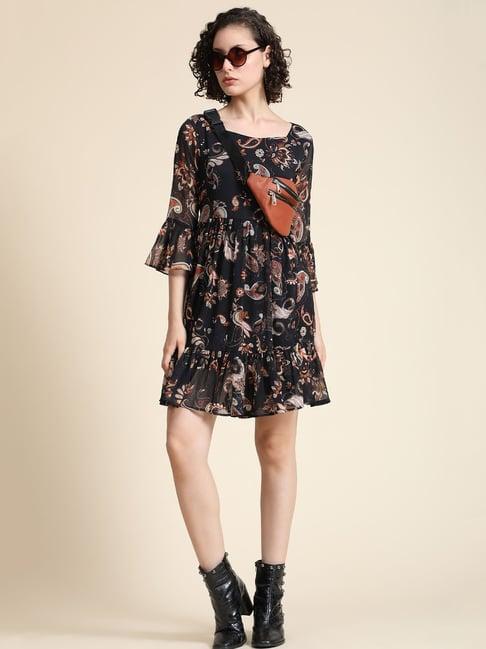 keri perry black printed fit & flare dress