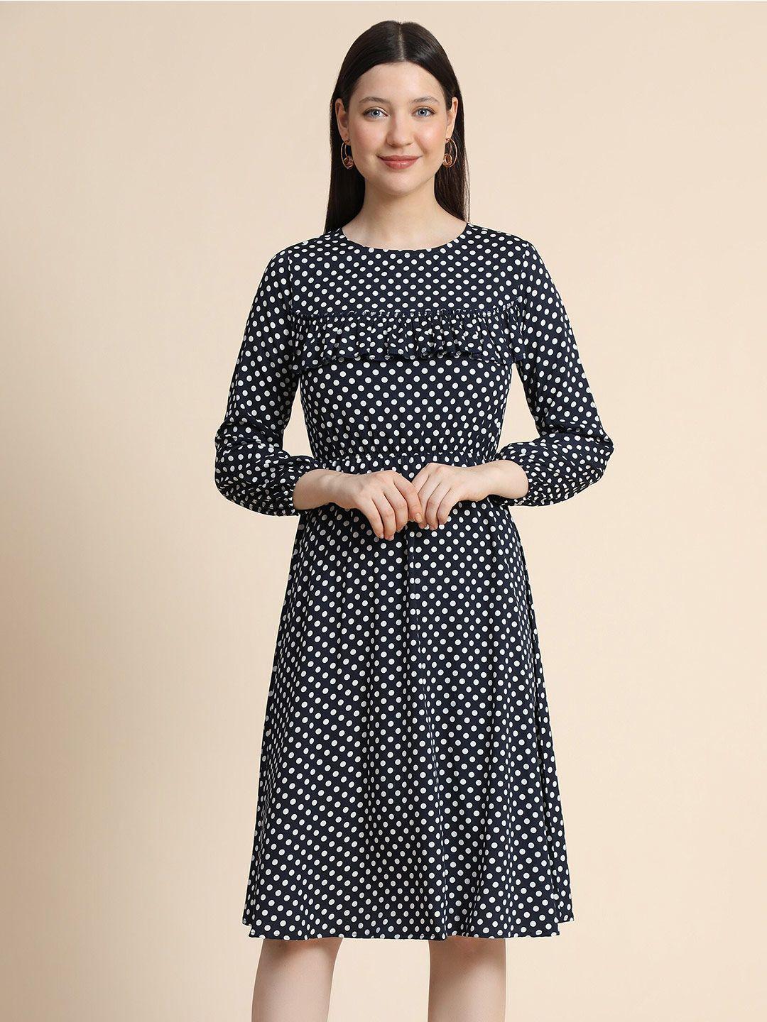 keri perry blue round neck printed polka dots flared dress