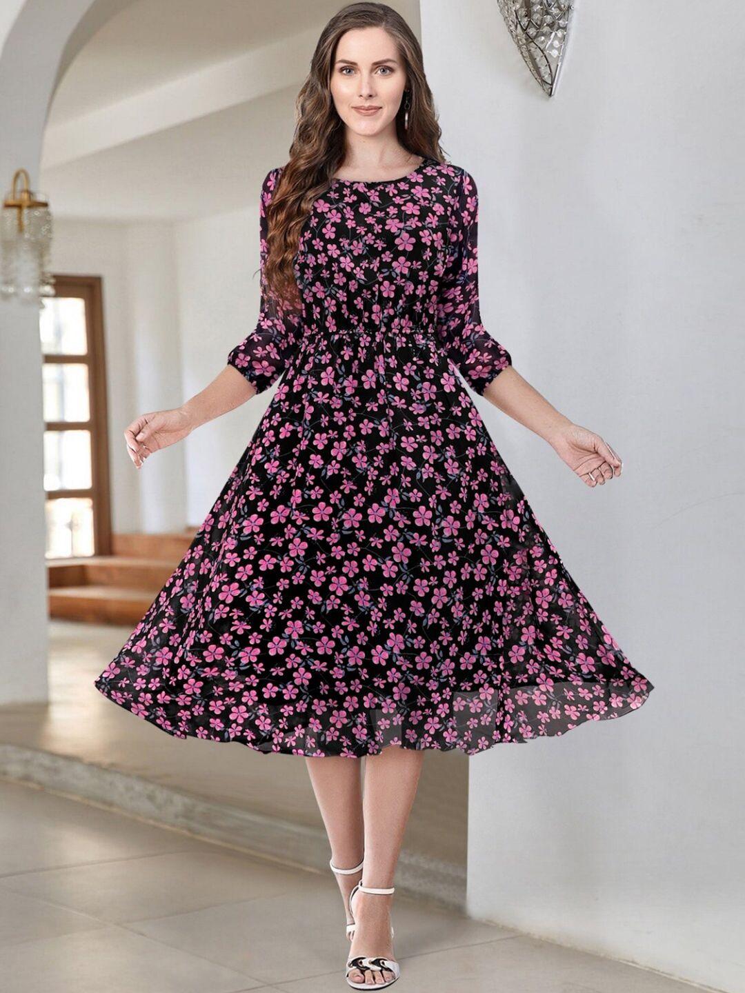 keri perry floral printed round neck cuffed sleeve gathered fit & flare midi dress