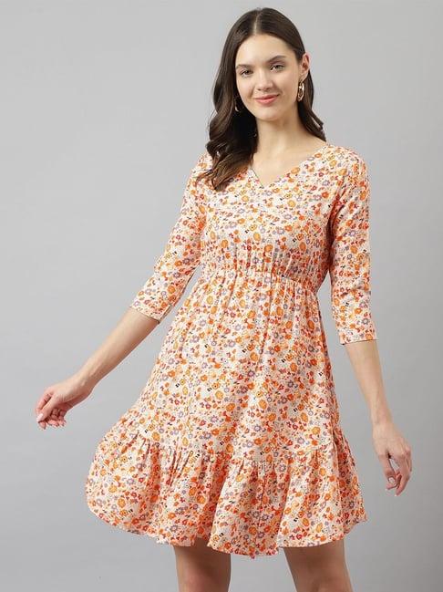 keri perry orange floral print fit & flare dress