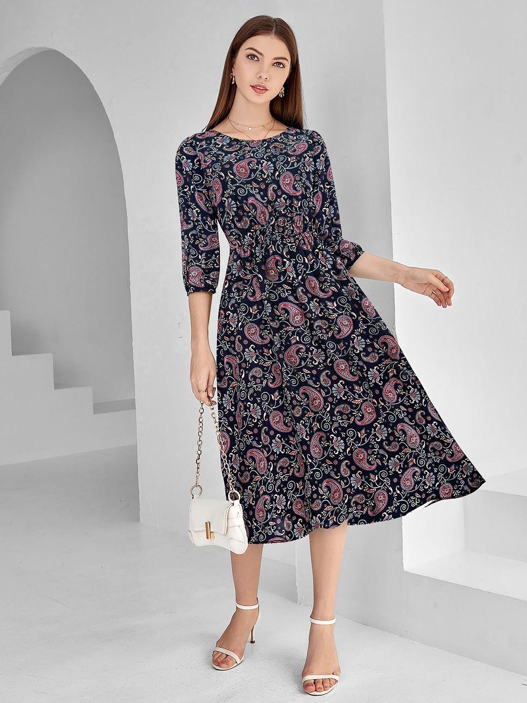 keri perry paisley printed puff sleeves gathered fit & flare midi dress